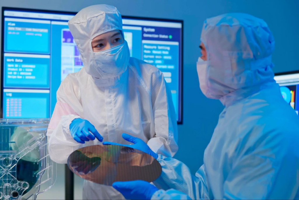 Two people in a cleanroom